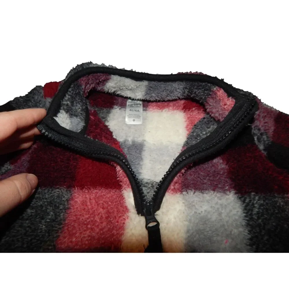 Carter's Toddler Boys 4T Red Black White Buffalo Plaid Fleece 1/4 Zip Pullover